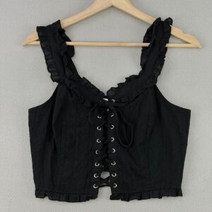 American Flirt Eyelet Corset Top Women S Black Boho Lace Up Ruffle Crop Y2K Goth